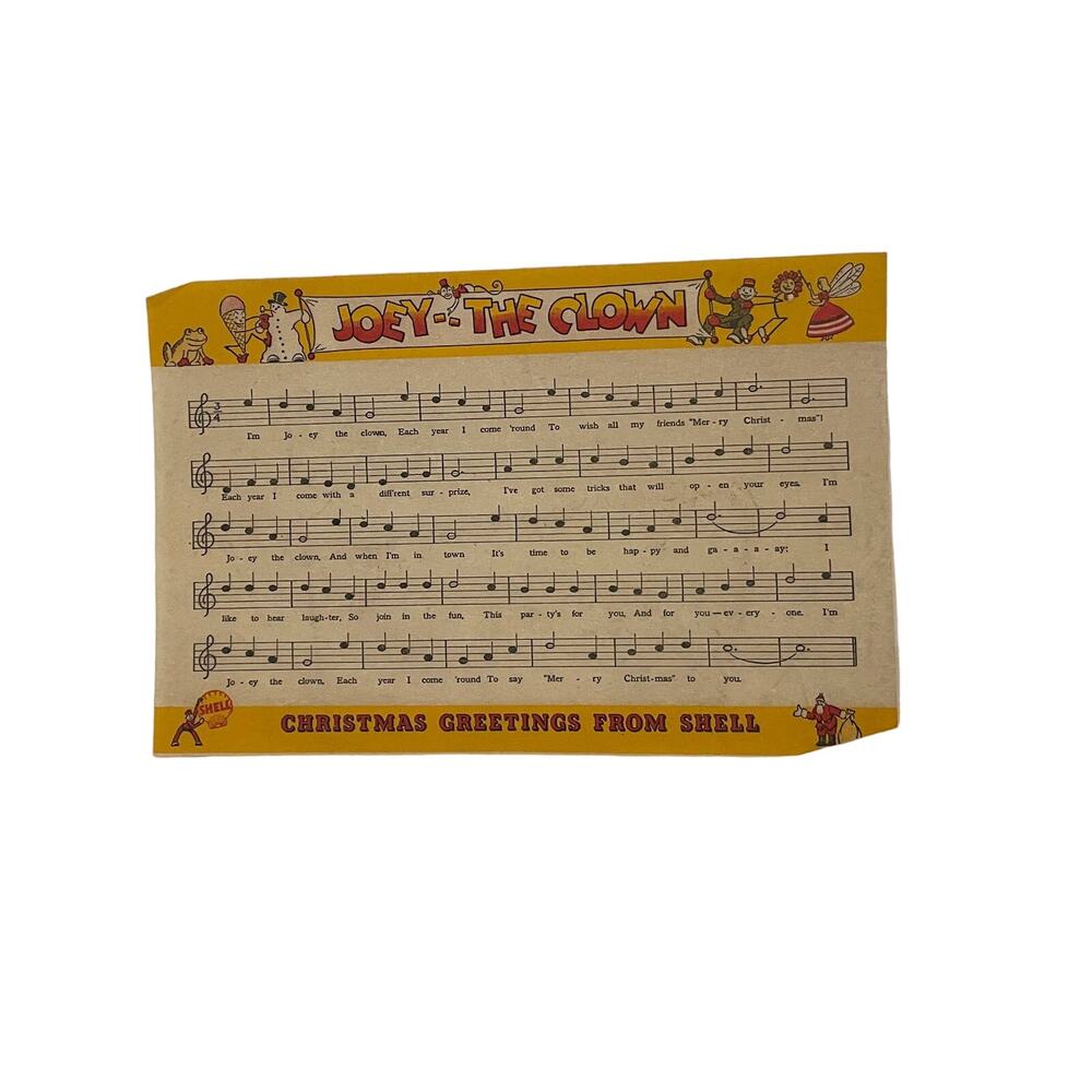 1950s MCM Shell Gas Station Promotional Christmas Carol Joey the Clown Sheet